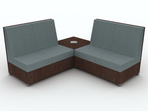 AIS LB Lounge Mid Back 2x2 L with Closed Base and Corner Table, Palette Lichen Upholstery, Corporate Walnut Laminate on Powered Calibrate Table AIS LB Lounge Mid Back 2x2 L with Closed Base and Corner Table, Palette Lichen Upholstery, Corporate Walnut Laminate on Powered Calibrate Table