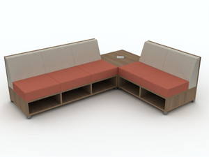 AIS LB Lounge Low Back 3x2 L with Open Base and Corner Table, Palette Chamomile and Wellesley Chili Upholstery, Neo Walnut Laminate on Powered Calibrate Table AIS LB Lounge Low Back 3x2 L with Open Base and Corner Table, Palette Chamomile and Wellesley Chili Upholstery, Neo Walnut Laminate on Powered Calibrate Table