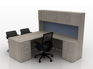 Calibrate L-Desk with Optional Hutch with Blue Smooth Tackboard, Looks Likatre Laminate, Right Handed Orientation Calibrate L-Desk with Optional Hutch with Blue Smooth Tackboard, Looks Likatre Laminate, Right Handed Orientation