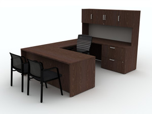 AIS Calibrate U-Desk with Optional Hutch and Rain Cloud Tackboard, Corporate Walnut Laminate AIS Calibrate U-Desk with Optional Hutch and Rain Cloud Tackboard, Corporate Walnut Laminate