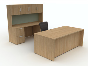 AIS Calibrate Standalone Desk with Credenza, Optional Hutch with Tackboard, Landmark Laminate AIS Calibrate Standalone Desk with Credenza, Optional Hutch with Tackboard, Landmark Laminate