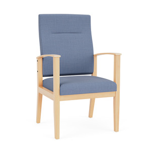 Lesro Amherst Wood High Back Patient Chair, Chambray Vinyl Light Navy Upholstery, Natural Frame Finish, 3/4 Front View Lesro Amherst Wood High Back Patient Chair, Chambray Vinyl Light Navy Upholstery, Natural Frame Finish, 3/4 Front View