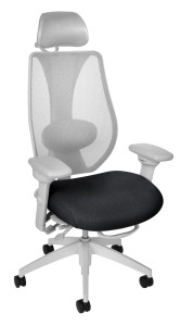 tCentric Hybrid Mesh Back Task Chair with Grey Frame, Upholstered in Open House Onyx, Optional Black Headrest, 3/4 Front View tCentric Hybrid Mesh Back Task Chair with Grey Frame, Upholstered in Open House Onyx, Optional Black Headrest, 3/4 Front View