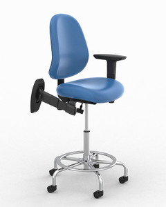ErgoCentric Mid Back Ratchet Lab Stool with Bright Blue Frixion Upholstery, Chrome Base with Footring, Optional Swing Arms, 3/4 Front View ErgoCentric Mid Back Ratchet Lab Stool with Bright Blue Frixion Upholstery, Chrome Base with Footring, Optional Swing Arms, 3/4 Front View