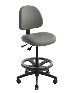 ErgoCentric HealtHcentric Low Back Ratchet Lab Stool with Adjustable Footring with Dark Grey Frixion Upholstery, Black Nylon Footrest and Base, 3/4 Front View ErgoCentric HealtHcentric Low Back Ratchet Lab Stool with Adjustable Footring with Dark Grey Frixion Upholstery, Black Nylon Footrest and Base, 3/4 Front View