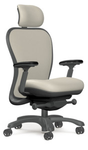 Nightingale CXO Executive Chair, Madras Leather Aspen Seat and Headrest Upholstery, Graphite Frame, Optional Matching Headrest, 4D Adjustable Arms, 3/4 Front View