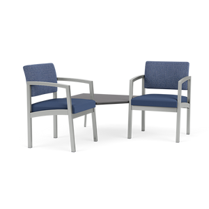 Lesro Lenox Steel Two Chairs with Connecting Corner Table, Huron Scooner Back Upholstery, Silvertex Sapphire Seat Upholstery, Silver Frame Finish, Storm Charcoal Laminate Tabletop, 3/4 Front View Lesro Lenox Steel Two Chairs with Connecting Corner Table, Huron Scooner Back Upholstery, Silvertex Sapphire Seat Upholstery, Silver Frame Finish, Storm Charcoal Laminate Tabletop, 3/4 Front View
