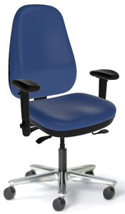 Sitmatic High Back Alpha™ ESD & Cleanroom, Blue X-Static Vinyl, Polished Aluminum Base, Optional 1N Arms, 3/4 Front View