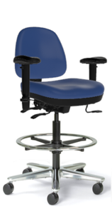Sitmatic Mid Back Alpha™ ESD & Cleanroom Stool, Medium Height, Blue X-Static Vinyl, Polished Aluminum Base with Footring, Optional 1N Arms, 3/4 Front View