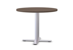 Special-T Sienna Round Hospitality Table, Walnut Round Top and Metallic Silver Base, 3/4 Front View Special-T Sienna Round Hospitality Table, Walnut Round Top and Metallic Silver Base, 3/4 Front View