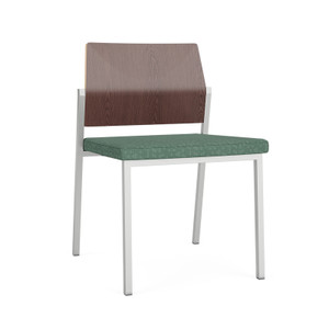 Lesro Avon Armless Guest Chair with Upholstered Seat and Laminate Back, Emerge Aloe Upholstery, Cocoa Walnut Laminate Seat Back, Silver Frame Finish, 3/4 Front View Lesro Avon Armless Guest Chair with Upholstered Seat and Laminate Back, Emerge Aloe Upholstery, Cocoa Walnut Laminate Seat Back, Silver Frame Finish, 3/4 Front View