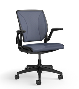 Humanscale World LM All Mesh Ergonomic Chair, Cornflower Mesh, Black Frame, Optional Adjustable Duron Arms, 3/4 Front View