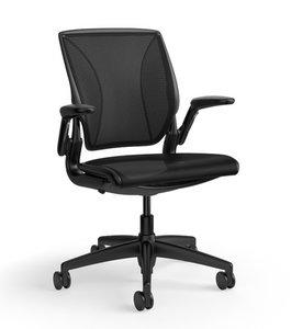 Humanscale World LM All Mesh Ergonomic Chair Quckship, Catena Black Mesh with Adjustable Duron Arms, 3/4 Front View