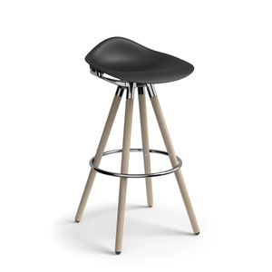 Humanscale Sedeo Stool, Bar Height, Black Seat, Maple Legs with Polished Frame, 3/4 Front View