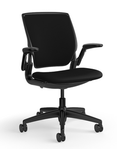Humanscale World Lab Chair Quickship, Black Frame, Black Fabric, Adjustable Duron Arms, 3/4 Front View