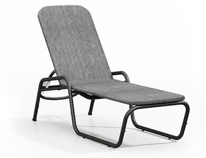 Homecrest Infiniti Air Outdoor Adjustable Stacking Chaise, Sensation Sling Fabric in Zinc, Carbon Frame Finish, 3/4 Front View