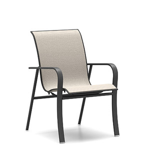 Homecrest Kashton Outdoor Low Back Dining Chair, Sandbar Sling Fabric, Umber Frame Finish, 3/4 Front View