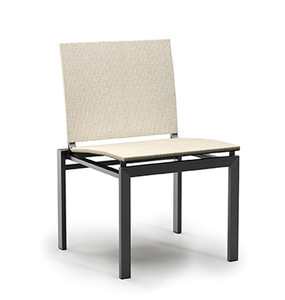 Homecrest Allure Outdoor Armless Stacking Dining Chair, Sandbar Sling Fabric, Umber Frame Finish, 3/4 Front View