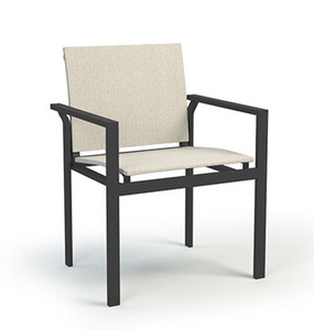 Homecrest Allure Outdoor Stacking Dining Armchair, Sandbar Sling Fabric, Umber Frame Finish, 3/4 Front View