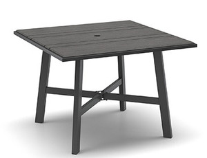 Homecrest Medley All-Weather Square Dining Table, Coastal Grey HDPE Tabletop, Carbon Frame Finish, Optional Umbrella Hole, 3/4 Front View