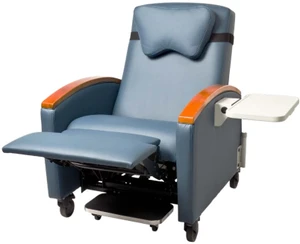Intensa Healthcare 597 Series Ortho-Biotic II Clinical Care Recliner, Standard Headrest Pillow, Optional Left Side Fold Down Table, Optional Wood Armcaps, 3/4 Front View