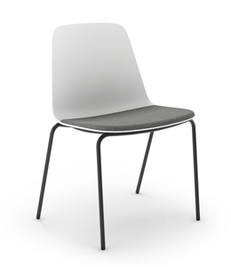 Element Bree Metal 4 Leg Stacker with Upholstered Seat Pad, White Poly Shell, Wander Dark Grey Upholstery, Black Leg Finish, 3/4 Front View
