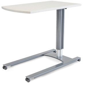 LifeFlo Overbed Medical Table, AcryMed Antimicrobial Solid Surface Top in MediWhite, Silver PoderCoat Base, 3/4 Front View