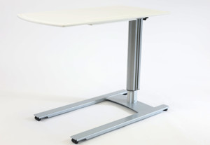 LifeFlo Overbed Medical Table, AcryMed Antimicrobial Solid Surface Top in MediWhite, Silver PoderCoat Base, 3/4 Front View