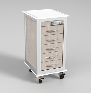 LifeFlo Under Surface Medical Cart, Kingswood Walnut HPL Finish, Optional Electronic Code Lock, Front View