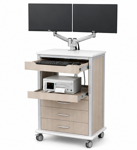 LifeFlo Fetal Monitor Medical Cart, Kingswood Walnut Laminate, 3/4 Front View (Includes 2 Monitor Arms and Keyboard Tray)