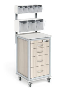 LifeFlo Freestanding Medical Cart with Trellis Storage Rails, Kingswood Walnut Laminate, 3/4 Front View