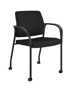Ignition Multi-Purpose Upholstered Stacking Chair, CU10 Black Fabric, Casters, 3/4 Front View