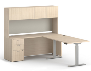 Hon Mod Height Adjustable L-Desk with Hutch, Desert Oak Laminate, Silver Leg Finish