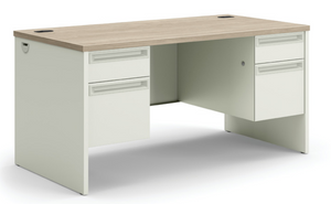Hon 38000 Series Double Pedestal Desk, Kingswood Walnut Laminate and Loft Paint, 3/4 Front View