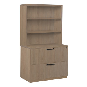 Regency Amber Laminate Lateral File Cabinet with Storage Hutch, Noble Oak, 3/4 Front View