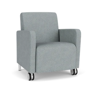 Lesro Ravenna Guest Chair with Front Casters, Blueprint Fog Back and Seat Upholstery, Brushed Steel Leg Finish, 3/4 Front View