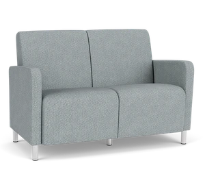 Lesro Ravenna Two Seat Sofa, Blueprint Fog Back and Seat Upholstery, Brushed Steel Leg Finish, 3/4 Front View