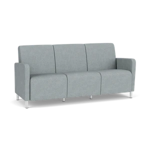 Lesro Ravenna Three Seat Sofa, Blueprint Fog Back and Seat Upholstery, Brushed Steel Leg Finish, 3/4 Front View