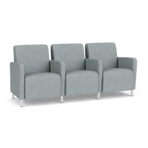 Lesro Ravenna Three Seat Sofa with Center Arms, Blueprint Fog Back and Seat Upholstery, Brushed Steel Leg Finish, 3/4 Front View