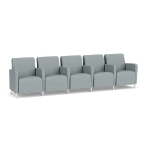 Lesro Ravenna Five Seat Sofa with Center Arms, Blueprint Fog Back and Seat Upholstery, Brushed Steel Leg Finish, 3/4 Front View