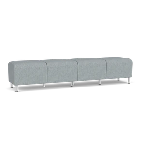 Lesro Ravenna Four Seat Bench, Blueprint Fog Upholstery, Brushed Silver Leg Finish, 3/4 Front View