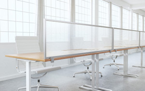 Desk & Cubicle Mount Privacy Panels with Polycarbonate Panel in White and Aluminum Frame