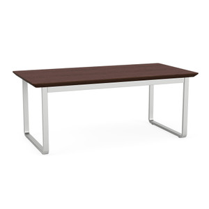 Lesro Gansett Coffee Table, Laminate Top in Cocoa Walnut, Silver Frame Finish, 3/4 Front View Lesro Gansett Coffee Table, Laminate Top in Cocoa Walnut, Silver Frame Finish, 3/4 Front View