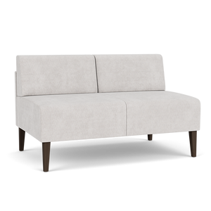 Lesro Luxe Heavy Duty Armless Loveseat, Milano Stitch Stone Upholstery, Wood Mocha Leg Finish, 3/4 Front View