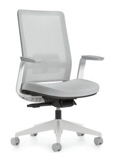 Global Factor High Mesh Back, Cloud Frame, Silver Grey Mesh, Silver Lining Seat Upholstery, Fixed Arms, 3/4 Front View
