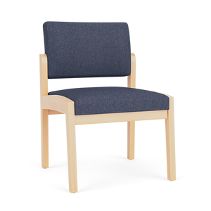 Lesro Lenox Wood Armless Guest Chair, Linette Vinyl Denim Upholstery, Natural Frame Finish, 3/4 Front View