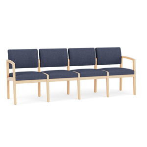 Lesro Lenox Wood 4 Seat Sofa, Linette Vinyl Denim Upholstery, Natural Frame Finish, 3/4 Front View