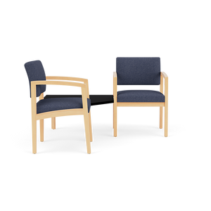 Lesro Lenox Wood Two Chairs with Connecting Corner Table, Linette Vinyl Denim Upholstery, Natural Frame Finish, Black Laminate Connecting Table Finish, 3/4 Front View