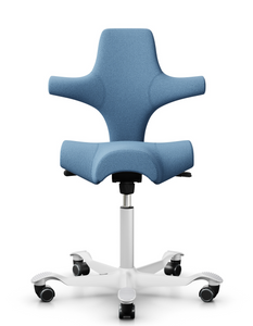 HAG Capisco 8106 / 15 Day Standard Ship, Gabriel Note Blue Upholstery, White Frame and Base Finish, Front View