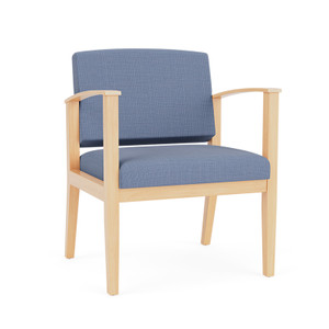 Lesro Amherst Wood Oversize Guest Chair, Chambray Vinyl Light Navy Upholstery, Natural Frame Finish, 3/4 Front View Lesro Amherst Wood Oversize Guest Chair, Chambray Vinyl Light Navy Upholstery, Natural Frame Finish, 3/4 Front View